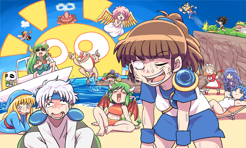 6+boys 6+girls @_@ anger_vein apron arm_up arthropod_girl bag bag_on_head beach beach_chair bead_necklace beads bee_wings bikini blonde_hair blue_eyes blue_footwear blue_hair blue_hairband blue_headwear blue_robe blue_shirt blue_shorts blue_skirt blush boat broom brown_hair brown_shorts cape carbuncle_(puyopuyo) choppun circlet closed_eyes closed_mouth commentary crack cracked_glass crying cup curry draco_centauros dragon_girl dragon_horns dragon_tail dragon_wings dress eating elephant fang flower flying food frog green_cape green_hair hairband harpy_(puyopuyo) hawaiian_shirt helmet highres holding holding_broom holding_cup holding_flower holding_instrument holding_plate holding_scepter holding_spoon holding_ukulele honey_bee_(puyopuyo) horns incubus_(puyopuyo) insect_wings instrument jewelry juliet_sleeves jumping kikimora_(puyopuyo) kodomo_dragon_(puyopuyo) lagnus_the_brave lizard long_hair long_sleeves maid maid_headdress multiple_boys multiple_girls music nama-chan_(pixiv_57914742) necklace nohoho_(puyopuyo) nostrils on_boat on_one_knee one-piece_swimsuit one_eye_closed open_mouth orange_bikini orange_wings outdoors paper_bag pink_hair plate playing_instrument pointy_ears ponytail puffy_sleeves purple_robe puyo_(puyopuyo) puyopuyo rectangular_eyewear red_dress red_flower red_footwear red_rose rice riding robe rose rulue_(puyopuyo) satan_(puyopuyo) scepter shirt short_hair short_sleeves shorts singing single_shoulder_pad sitting skeleton skeleton_t skirt smile socks spiked_hair spoon striped_horns suketoudara sun sunbathing sunglasses sweat sweatdrop swimsuit sword tail teeth ukulele unusually_open_eyes very_long_hair vest watercraft weapon white_apron white_dress white_hair white_one-piece_swimsuit white_robe white_socks white_vest wings witch_(puyopuyo) zoh_daimaoh