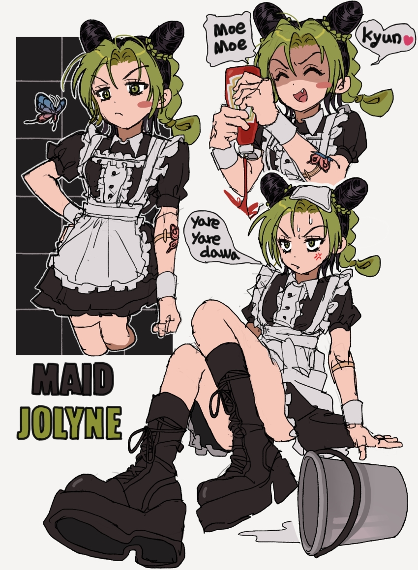 alternate_costume anger_vein apron black_dress black_hair blush boots braid braided_ponytail breasts bucket bucket_spill bug bun_with_braided_base butterfly butterfly_tattoo character_name cone_hair_bun convenient_leg double_bun dress english_text enmaided flat_chest frilled_apron frilled_dress frills fu_r_y green_eyes green_hair hair_bun heart highres insect jojo_no_kimyou_na_bouken ketchup ketchup_bottle knees_up kuujou_jolyne lace-up_boots long_hair looking_at_viewer maid maid_apron maid_headdress multicolored_hair multiple_views napkin open_mouth outline platform_boots romaji_text sitting smile solo speech_bubble spill spoken_heart stone_ocean tattoo thighhighs thighs two-tone_hair white_outline