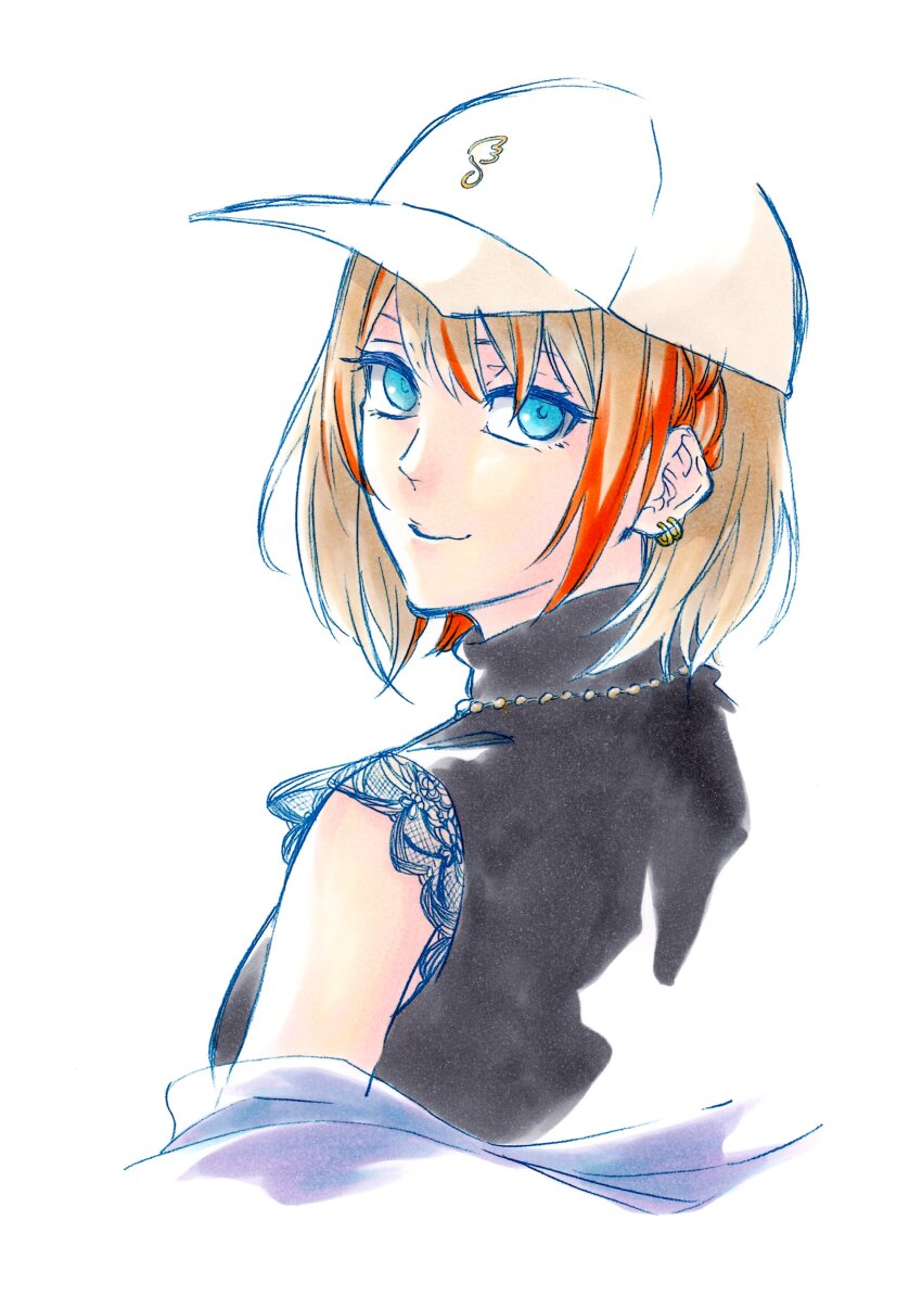 1girl absurdres baseball_cap black_shirt blue_eyes braid earrings hair_between_eyes hat highres hiyoku_no_crosspiece jacket jacket_partially_removed jewelry ken&#039;ichi_(ken1ro_u) lace_trim looking_at_viewer looking_back marker_(medium) medium_hair multicolored_hair nanashi_inc. necklace official_alternate_costume orange_hair shirt sleeveless sleeveless_shirt smile solo streaked_hair touri_sei touri_sei_(2nd_costume) traditional_media two-tone_hair upper_body virtual_youtuber white_background white_hat