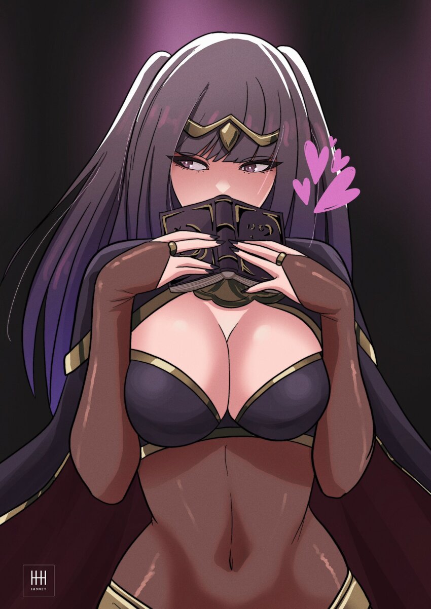 1girl black_bridal_gauntlets black_eyes black_hair blunt_bangs blush bodystocking book bracelet breasts breasts_squeezed_together bridal_gauntlets cape circlet cleavage commentary covered_navel english_commentary fire_emblem fire_emblem_awakening highres ihsnet jewelry large_breasts long_hair navel nintendo purple_eyes see-through_bridal_gauntlets skin_tight solo tharja_(fire_emblem) tiara two_side_up