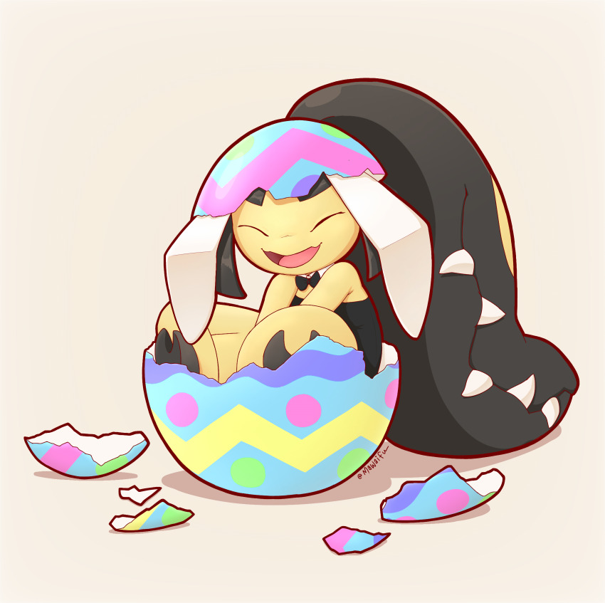 1girl ^_^ absurdres artist_name bare_shoulders barefoot between_legs big_hair black_bow black_bowtie black_hair black_leotard black_skin bow bowtie closed_eyes clothed_pokemon colored_skin detached_collar easter easter_egg egg eggshell eggshell_hat extra_mouth female_focus flat_chest gen_3_pokemon grey_background hand_between_legs happy highres leotard long_hair mawaifu mawile multicolored_skin nintendo open_mouth pokemon pokemon_(creature) ponytail rabbit_ears sharp_teeth sidelocks signature simple_background smile solo strapless strapless_leotard teeth twitter_username two-tone_skin very_long_hair yellow_skin