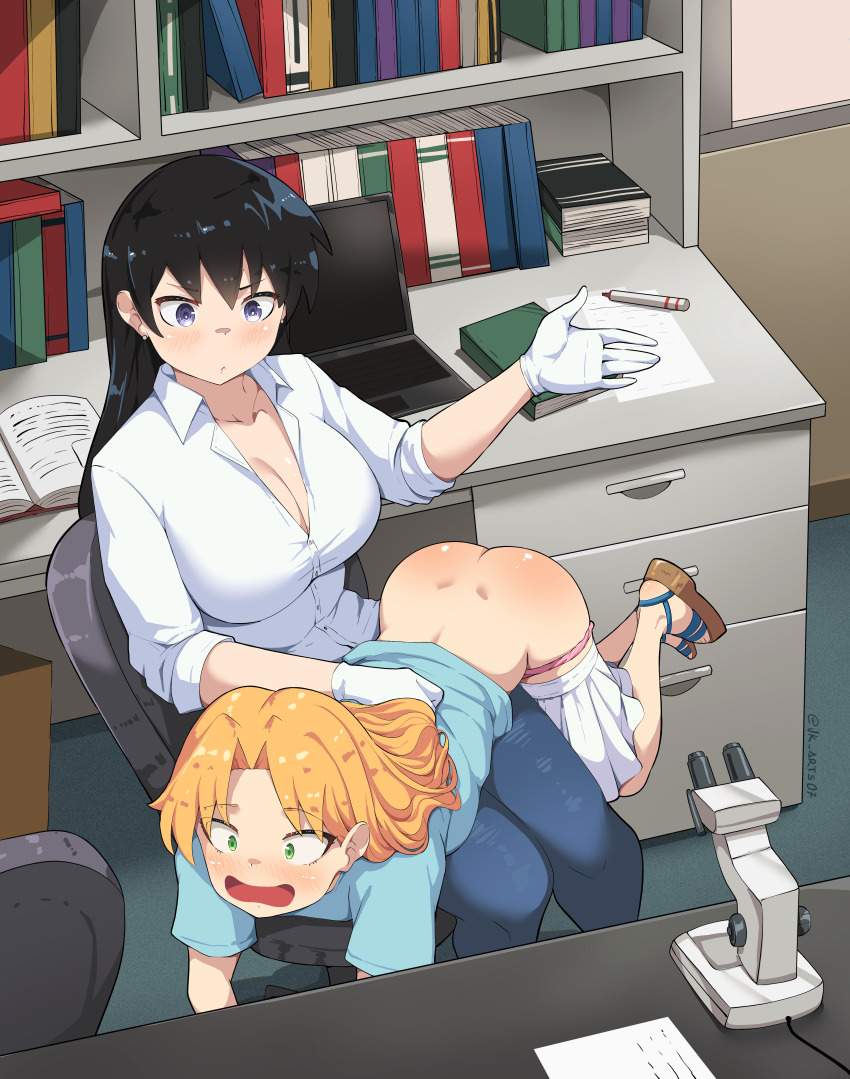 2girls absurdres age_difference arato_nagi ass black_hair blonde_hair blue_shirt blush book bookshelf breasts chair cleavage clothes_pull collarbone collared_shirt commission commissioner_upload computer denim desk dimples_of_venus earrings gloves green_eyes hand_up highres humiliation indoors jeans jewelry jk_arts laptop large_breasts long_hair marker mature_female median_furrow medium_hair microscope multiple_girls non-web_source office_chair open_book open_mouth over_the_knee panties pants panty_pull pen petite pink_panties punishment purple_eyes ruri_no_houseki sandals shirt signature sitting skirt skirt_pull sleeves_rolled_up spanked spanking surprised swivel_chair table tanigawa_ruri underwear white_gloves