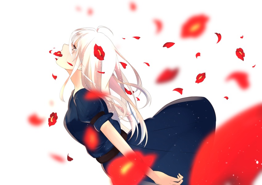 1girl absurdres ahoge albino alternate_body_fluid blue_dress blurry coughing_flowers depth_of_field dress female_focus flower flower_in_mouth from_side highres iwai_minato long_hair mouth_hold original petals profile puffy_short_sleeves puffy_sleeves red_eyes short_sleeves solo tears teeth white_background white_hair