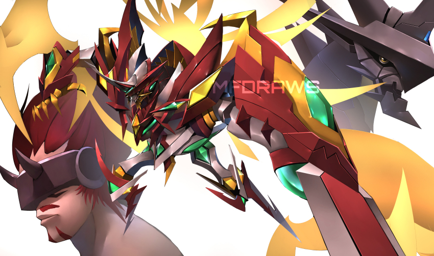 absurdres digimon digimon_(creature) gankoomon highres horns jesmon jesmon_gx jesmon_x-antibody mask red_hair simple_background sword weapon white_background yellow_eyes