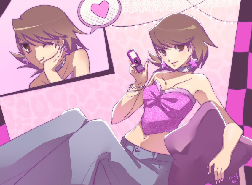 1girl ;d alternate_costume bare_shoulders bead_bracelet beads bell-bottoms bracelet breasts brown_eyes brown_hair cellphone choker collarbone denim earrings feet_out_of_frame flip_phone flipped_hair frosty_neo1 fur_trim glitter heart highres jeans jewelry looking_at_viewer one_eye_closed open_mouth pants persona persona_3 phone pillow pink_nails pink_theme pink_tube_top smile speech_bubble spoken_heart star-shaped_pillow star_(symbol) star_earrings strapless takeba_yukari tube_top white_choker y2k_fashion