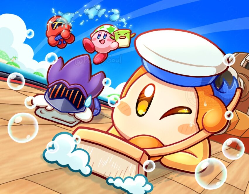 armor artist_name bandana blue_sky bucket cannon cleaning cleaning_kirby cleaning_rag cloud commentary dutch_angle floating halberd_(airship) hat holding holding_bucket holding_mop island javelin_knight kirby kirby_(series) mace_knight mop nintendo no_humans ocean one_eye_closed open_mouth paypaysoul pitch_(kirby) sailor_hat sailor_waddle_dee sky smile soap soap_bubbles standing twitter_username water yellow_eyes