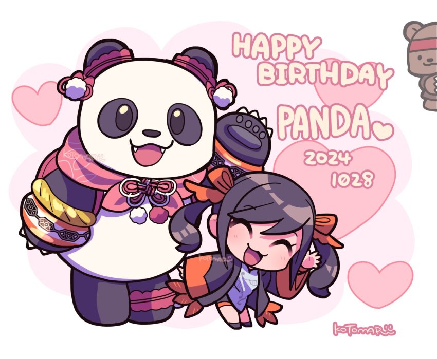 1girl :3 bear black_eyes black_hair bracelet chibi chibi_only claws fangs happy_birthday heart highres jewelry kotorai kuma_(tekken) ling_xiaoyu looking_at_viewer open_mouth panda_(tekken) signature tekken tekken_8 translation_request twintails waving