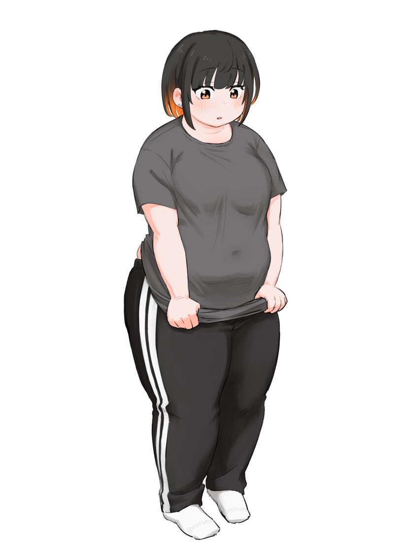 1girl absurdres aruru_(rnruru) black_hair black_pants blush bob_cut breasts clothes_grab colored_inner_hair covered_navel ear_piercing fat full_body grey_shirt highres looking_down medium_breasts multicolored_hair multiple_piercings no_shoes open_mouth orange_eyes orange_hair original pants piercing raised_eyebrows shirt shirt_grab short_hair simple_background socks solo standing thick_thighs thighs track_pants twitter_username two-tone_hair white_background white_socks