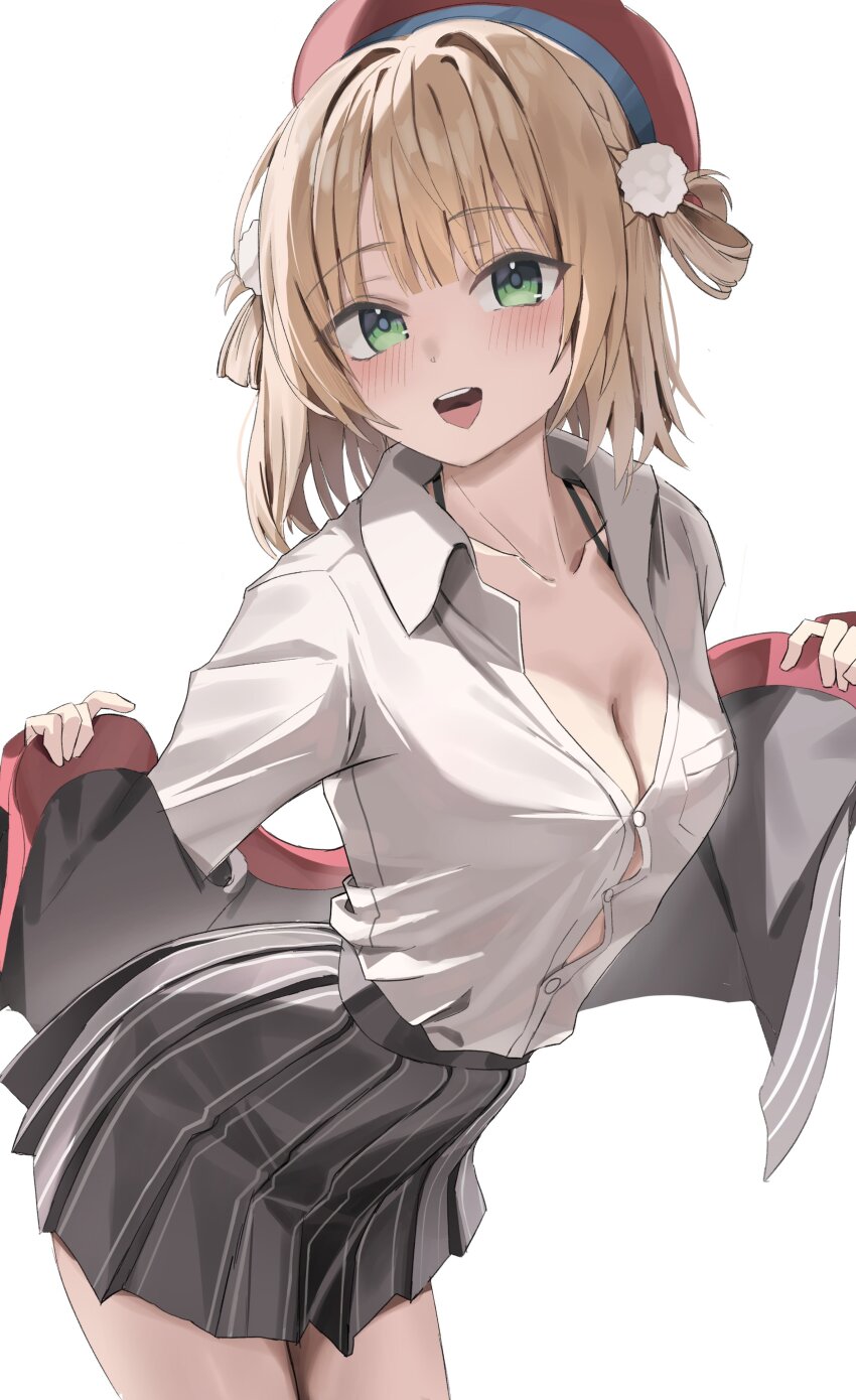 1girl absurdres arched_back beret blonde_hair blue_ribbon blunt_bangs braid breasts button_gap buttons cleavage collared_shirt commentary dress_shirt from_side green_eyes grey_jacket grey_skirt hair_ornament hair_rings hat highres indie_virtual_youtuber jacket leaning_forward long_sleeves looking_at_viewer miniskirt neck_ribbon open_mouth pinstripe_jacket pinstripe_pattern pinstripe_skirt pleated_skirt pom_pom_(clothes) pom_pom_hair_ornament red_hat red_sailor_collar red_socks ribbon sailor_collar scarlet_(wv0102) school_uniform shigure_ui_(vtuber) shigure_ui_(vtuber)_(1st_costume) shirt short_hair side_braid simple_background skirt smile socks solo symbol-only_commentary teeth upper_teeth_only virtual_youtuber white_background white_shirt