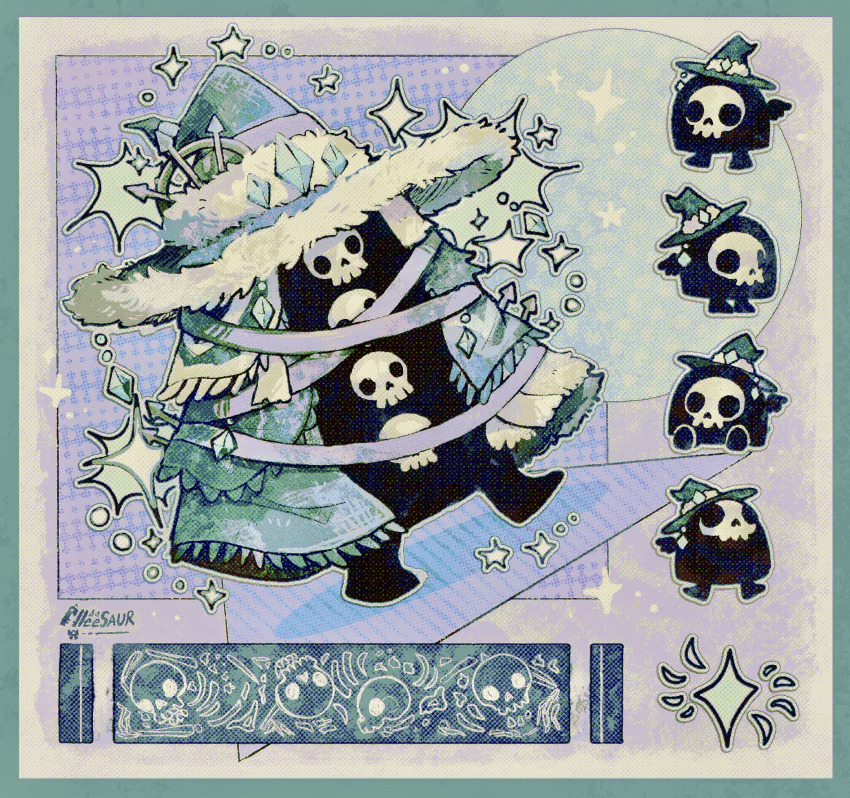 1other alleesaur artist_name bone chibi full_body fur_(clothing) fur_trim hat highres large_hat original signature skull sparkle wide_brim witch_hat