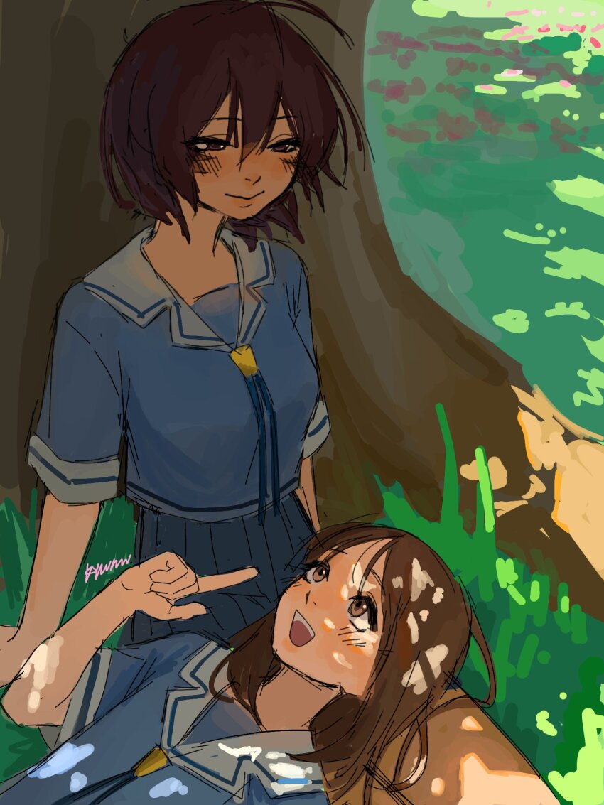 2girls ahoge azumanga_daioh&#039;s_school_uniform azumanga_daiou blue_ribbon blue_serafuku blue_skirt brown_eyes brown_hair grass highres kagura_(azumanga_daioh) kasuga_ayumu kyuunn lap medium_hair multiple_girls pleated_skirt ribbon sailor_collar school_uniform serafuku short_hair short_sleeves sitting skirt tree white_sailor_collar yuri