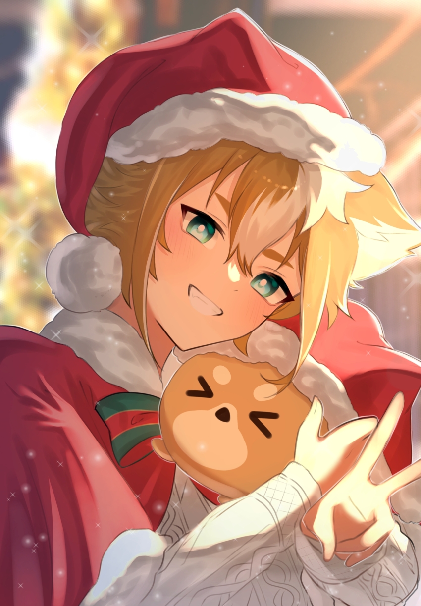 1boy alternate_costume animal_ears aqua_eyes blush brown_hair capelet dog_boy dog_ears genshin_impact gorou_(genshin_impact) hair_between_eyes hat highres long_sleeves looking_at_viewer male_focus multicolored_hair narshiyu red_capelet red_hat santa_costume santa_hat short_hair smile solo streaked_hair sweater teeth v white_hair white_sweater