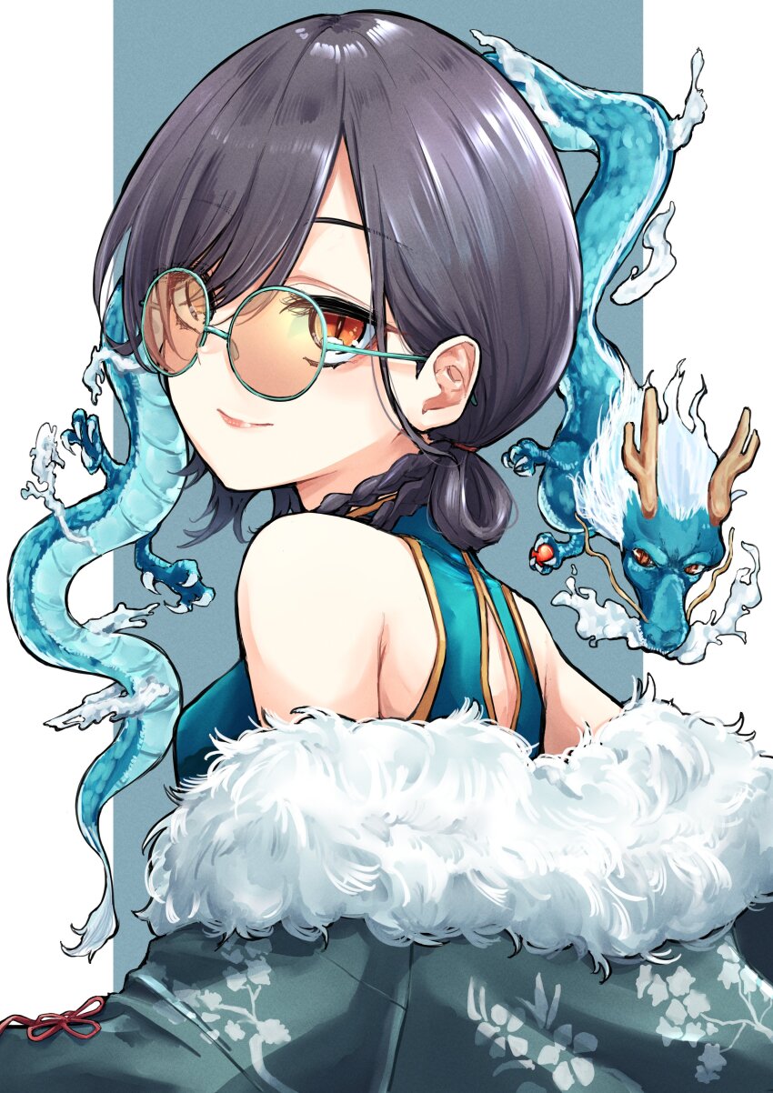 1girl absurdres back_cutout bare_shoulders black_hair blue_background blue_dress braid china_dress chinese_clothes clothing_cutout coat commentary dragon dress eastern_dragon from_behind fur-trimmed_coat fur_trim hair_rings highres katsuragi_izumi katsuragi_izumi_(shiren_koto_no_ryuu) link!_like!_love_live! long_hair love_live! mendo_(mend0o0) off_shoulder official_alternate_costume orange_eyes sleeveless sleeveless_dress slit_pupils solo upper_body virtual_youtuber