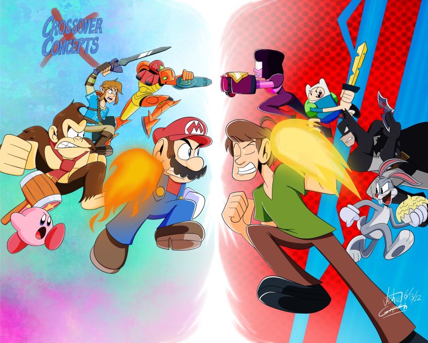 2girls 6+boys adventure_time angry arm_cannon batarang batman batman_(series) beard blue_eyes brown_hair bugs_bunny cape clash colored_skin crossover dc_comics donkey_kong donkey_kong_(series) donkey_kong_country facial_hair finn_the_human fire food garnet_(steven_universe) gloves grin hammer hat highres kirby kirby_(series) link looney_tunes mario mario_(series) mask metroid multiple_boys multiple_girls multiversus mustache nintendo pie rabbit rabbit_ears samus_aran scooby-doo serious shaggy_rogers smile steven_universe super_mario_bros._1 super_smash_bros. sword the_legend_of_zelda the_legend_of_zelda:_breath_of_the_wild warner_bros. weapon