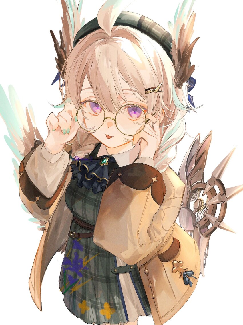 1girl :p adjusting_eyewear ahoge aqua_hair aqua_nails ascot beret blonde_hair blue_ascot braid breasts brown_coat coat cowboy_shot dress enna_alouette enna_alouette_(fall_casual) glasses green_dress hair_between_eyes hat head_wings highres looking_at_viewer low_twin_braids low_wings medium_hair multicolored_hair nijisanji nijisanji_en plaid_clothes plaid_dress popota_2 purple_eyes simple_background single_mechanical_wing small_breasts solo streaked_hair tongue tongue_out twin_braids virtual_youtuber white_background wings