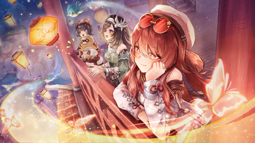 3girls bare_shoulders beret black_hair bracelet brown_hair chinese_clothes detached_sleeves dress eyewear_on_head fur-trimmed_jacket fur_trim genshin_impact green_dress guoba_(genshin_impact) hair_between_eyes hair_ornament hairband hat highres hu_tao_(cherries_snow-laden)_(genshin_impact) hu_tao_(genshin_impact) jacket jewelry lan_yan_(genshin_impact) lantern long_hair minamo_(edosei_edo) multiple_girls red_eyes red_jacket round_eyewear short_hair white_dress white_hat xiangling_(genshin_impact) xiangling_(new_year&#039;s_cheer)_(genshin_impact)