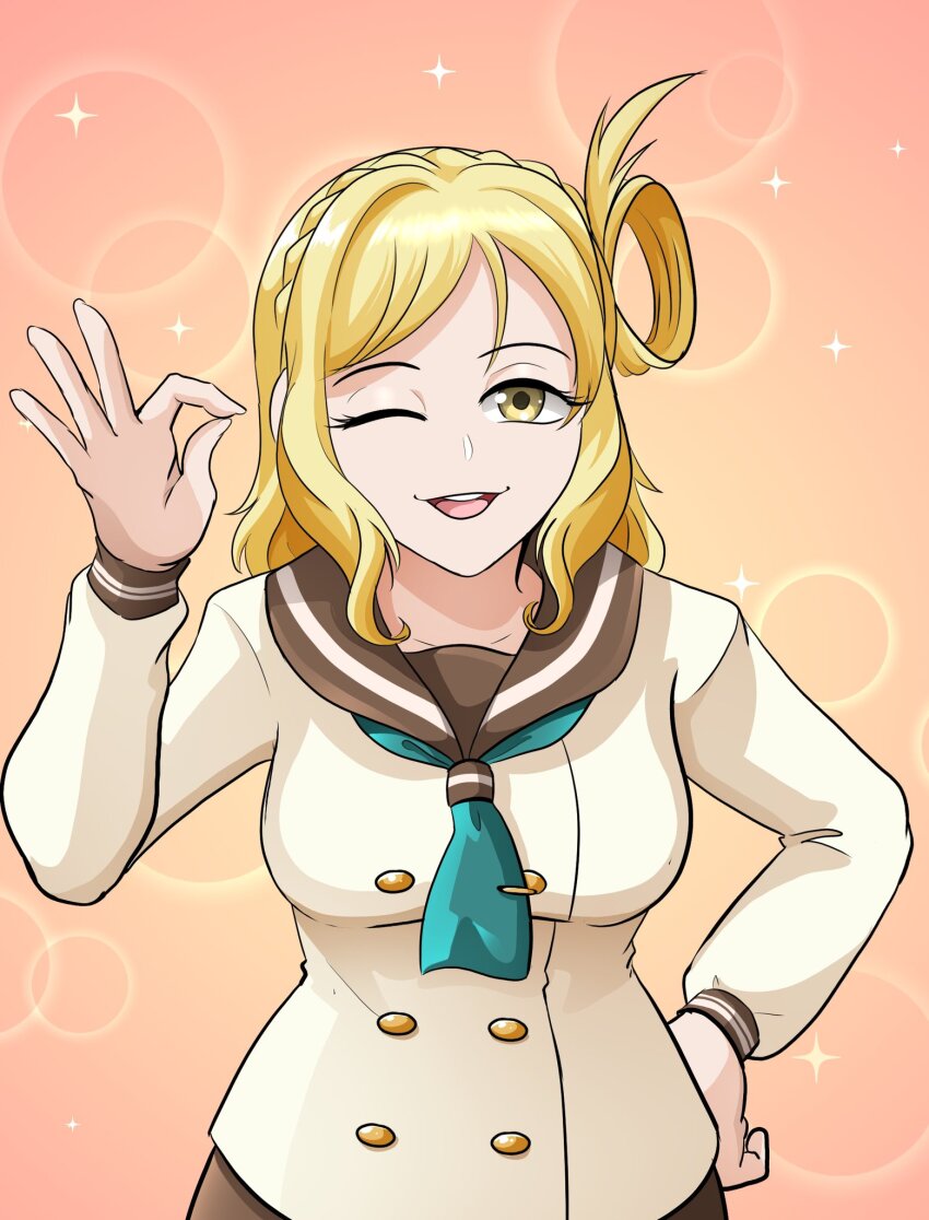 blonde_hair highres love_live! love_live!_sunshine!! ohara_mari ok_sign omig_spot omitv smile tagme