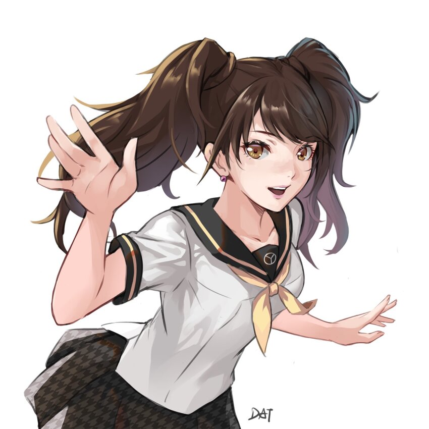 1girl black_sailor_collar brown_eyes brown_hair checkered_clothes checkered_skirt cowboy_shot da-cart earrings highres jewelry kujikawa_rise long_hair looking_at_viewer neckerchief one_eye_closed open_mouth parted_lips persona persona_4 sailor_collar school_uniform serafuku shirt short_sleeves skirt smile solo sphere_earrings swept_bangs twintails white_background white_shirt white_skirt yasogami_school_uniform yellow_neckerchief