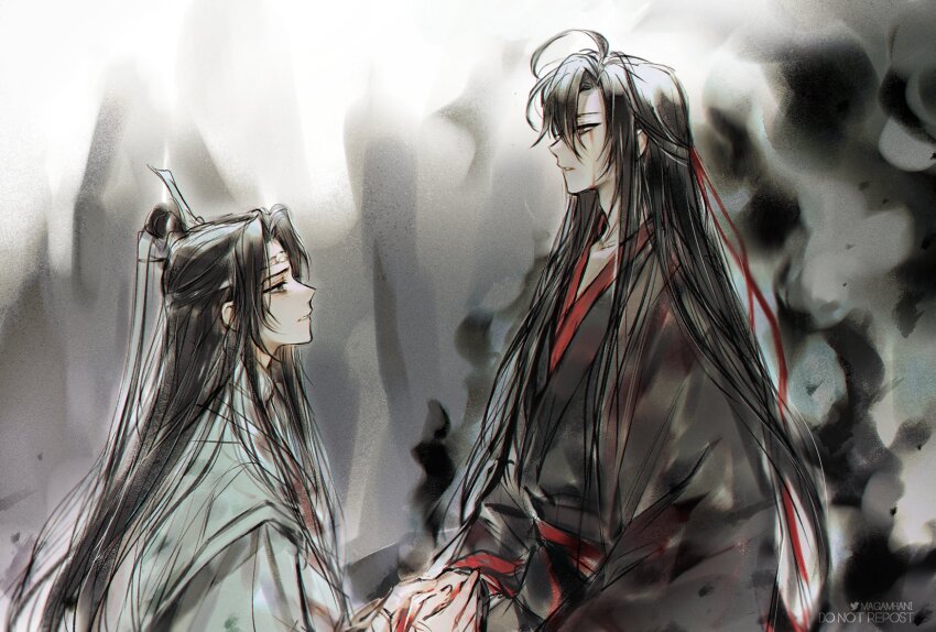 2boys ahoge bishounen black_coat black_hair black_hanfu black_smoke blood blood_on_clothes blood_on_face blood_on_hands chinese_clothes coat colored_smoke from_side hair_down hair_ribbon half_updo hand_grab hanfu headband highres holding_hands injury korean_commentary lan_wangji long_hair long_sleeves looking_at_another magamhani male_focus modao_zushi multiple_boys official_alternate_costume official_alternate_hairstyle parted_lips profile red_eyes red_ribbon ribbon ribboned_xiao_guan robe sitting smoke topknot twitter_username upper_body watermark wei_wuxian wei_wuxian_(yiling_laozu) white_hanfu white_headband xiao_guan_(headdress) yaoi yellow_eyes