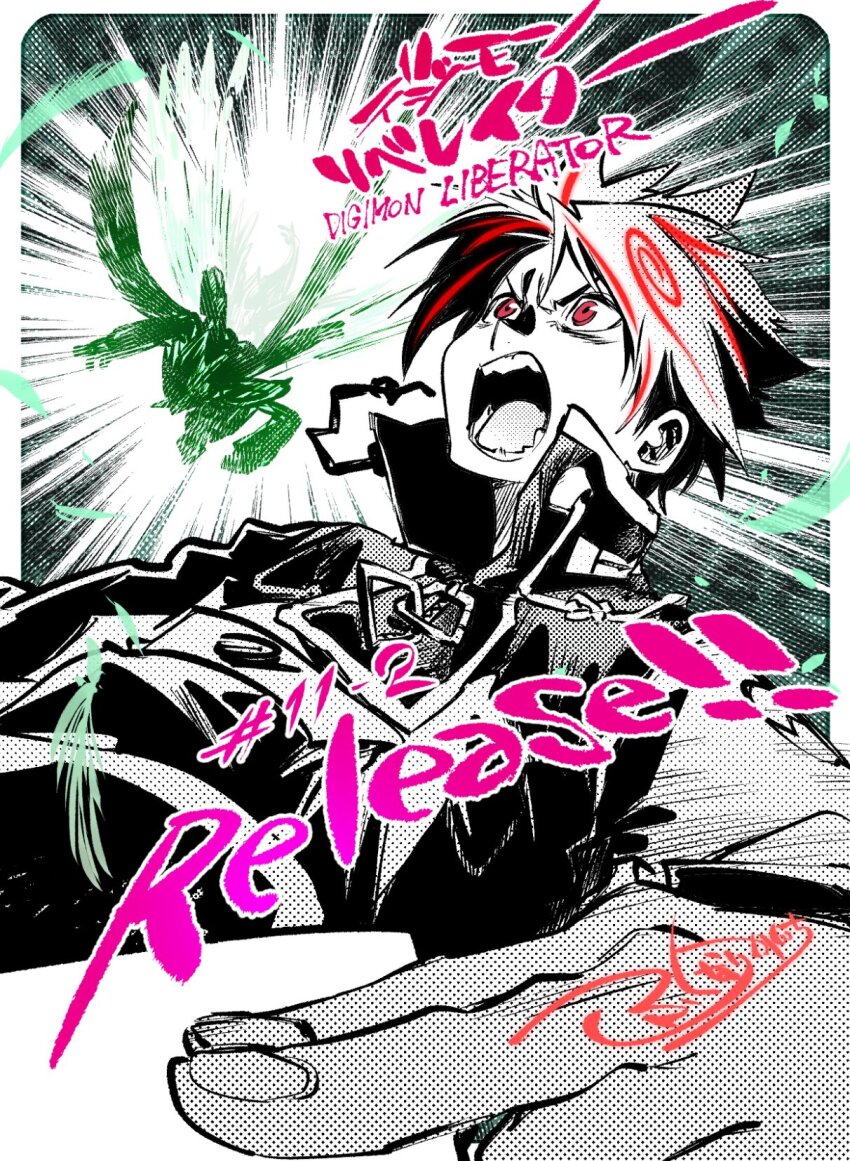 1boy black_hair border card digimon digimon_card_game digimon_liberator fukunari_kanchi green_theme highres holding holding_card kazama_shoto limited_palette male_focus multicolored_hair open_mouth red_eyes red_hair release_celebration screaming short_hair solo_focus streaked_hair two-tone_hair white_border zephagamon