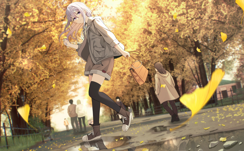 2boys 4girls bag black_hair black_pants black_thighhighs boots brown_boots brown_hair brown_jacket brown_shirt brown_shorts building cac_itinose closed_mouth commentary_request day ginkgo_leaf ginkgo_tree grey_hair grey_jacket hair_between_eyes highres holding holding_bag hood hood_down hooded_jacket jacket leaf long_sleeves multiple_boys multiple_girls original outdoors pants puddle purple_eyes reflection shirt shorts sleeveless sleeveless_jacket smile solo_focus standing standing_on_one_leg thighhighs thighhighs_under_boots water white_jacket window