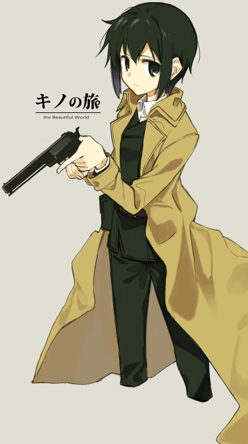 1girl black_eyes black_hair black_pants black_vest brown_coat closed_mouth coat collared_shirt commentary_request cropped_legs english_text grey_background gun highres holding holding_gun holding_weapon kino_(kino_no_tabi) kino_no_tabi long_sleeves open_clothes open_coat pants seu_kaname shirt short_hair sidelocks simple_background solo vest weapon white_shirt