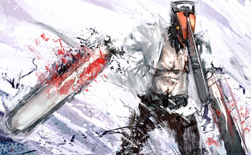 1boy absurdres alternate_form black_pants blood chainsaw chainsaw_man denji_(chainsaw_man) highres kyezzzz male_focus open_clothes open_shirt pants pull_cord shirt solo white_shirt