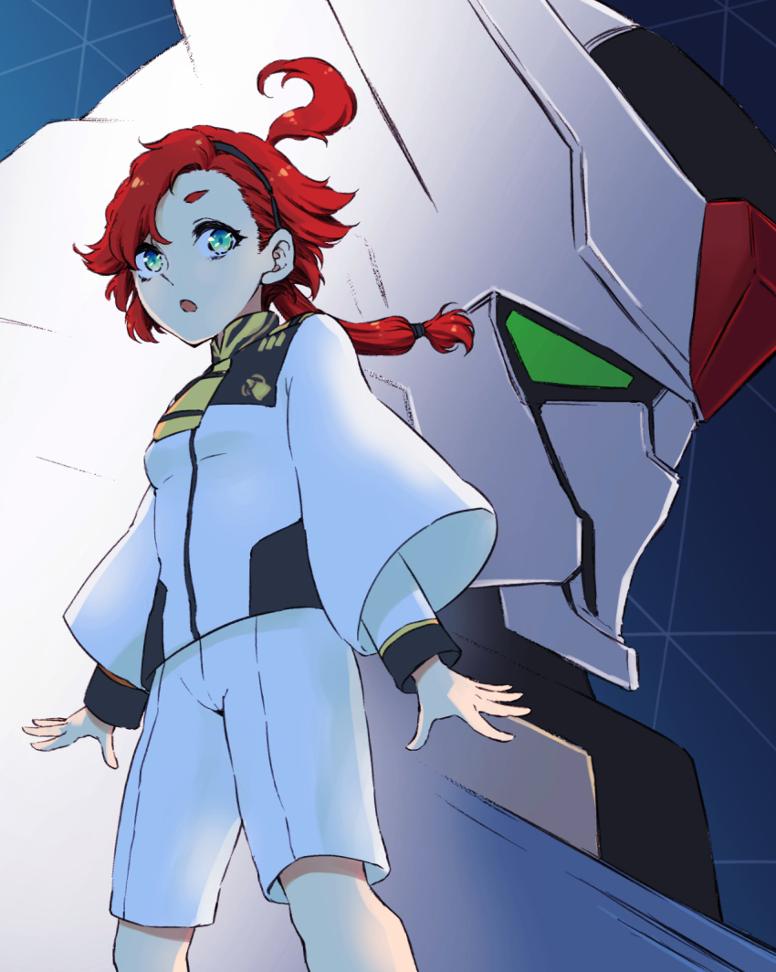 1girl :o ahoge bad_id bad_pixiv_id breasts commentary_request green_eyes gundam gundam_aerial gundam_suisei_no_majo hairband haruhito_(divineshalt) highres long_hair low_ponytail mecha mobile_suit partial_commentary ponytail red_hair robot shorts small_breasts suletta_mercury v-fin