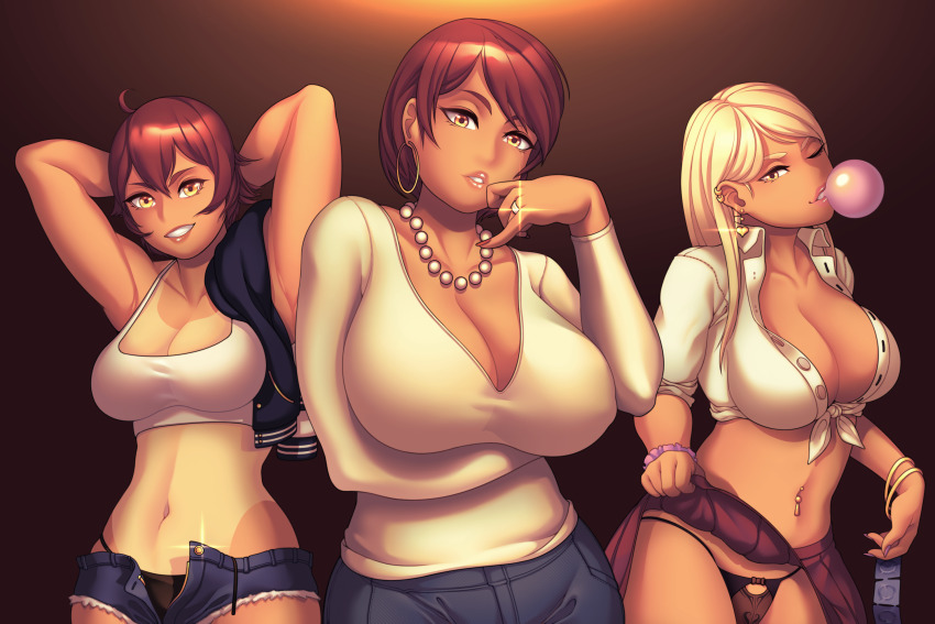 3girls ahoge amesuku_gyaru arms_behind_head blonde_hair bracelet breasts brown_hair chewing_gum cleavage clothes_lift condom_belt earrings gyana_ambers_(wingedwasabi) gyaru highres jacket jacket_over_shoulder jewelry kogal large_breasts long_hair looking_at_viewer mature_female melph_ambers_(wingedwasabi) multiple_girls nail_polish navel navel_piercing necklace one_eye_closed open_fly panties pearl_necklace piercing ring scrunchie seios shirt short_hair short_shorts shorts skirt skirt_lift smile sweat take_your_pick tamia_ambers_(wingedwasabi) tan tanline teeth tied_shirt unbuttoned unbuttoned_shirt underwear unworn_jacket v-neck yellow_eyes