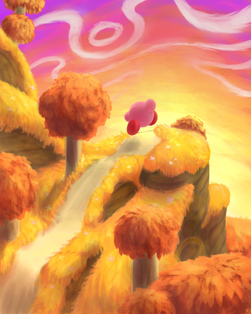 absurdres arm_up autumn cliff colored_skin commentary_request flower from_behind gradient_sky highres in-universe_location kirby kirby:_star_allies kirby_(series) nintendo no_humans outdoors path pink_flower pink_skin purple_sky red_shoes road running shoes signature sky solo sunset suyasuyabi tree wind yellow_sky