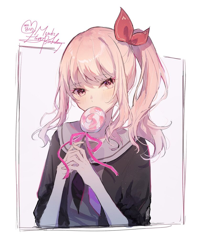 1other akiyama_mizuki androgynous blush candy character_name commentary_request covered_mouth dated food happy_birthday highres holding holding_candy holding_food holding_lollipop jishio lollipop long_hair looking_at_viewer pink_eyes pink_hair project_sekai sailor_collar side_ponytail sidelocks upper_body