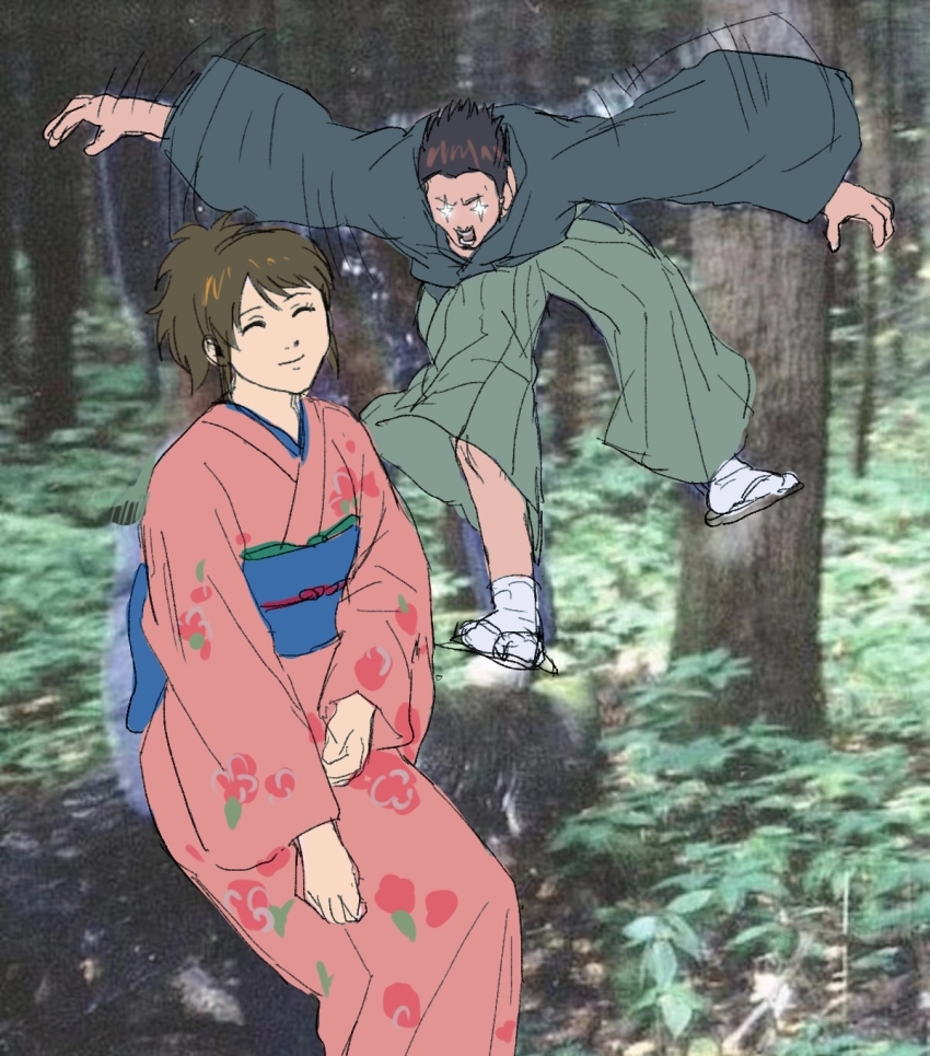 +_+ 1boy 1girl ^_^ afterimage arms_up balancing brown_hair bush closed_eyes closed_mouth facing_viewer flat_chest flat_color floral_print forehead forest gintama godzillapigeon1 green_hakama green_kimono hakama happy highres japanese_clothes kimono kondou_isao leg_up log long_sleeves motion_lines nature obi open_mouth outdoors outstretched_arms photo_background pink_kimono ponytail sandals sash shimura_tae short_hair sidelocks sitting sketch smile socks standing standing_on_one_leg tabi teeth tree v-shaped_eyebrows white_legwear wide_sleeves