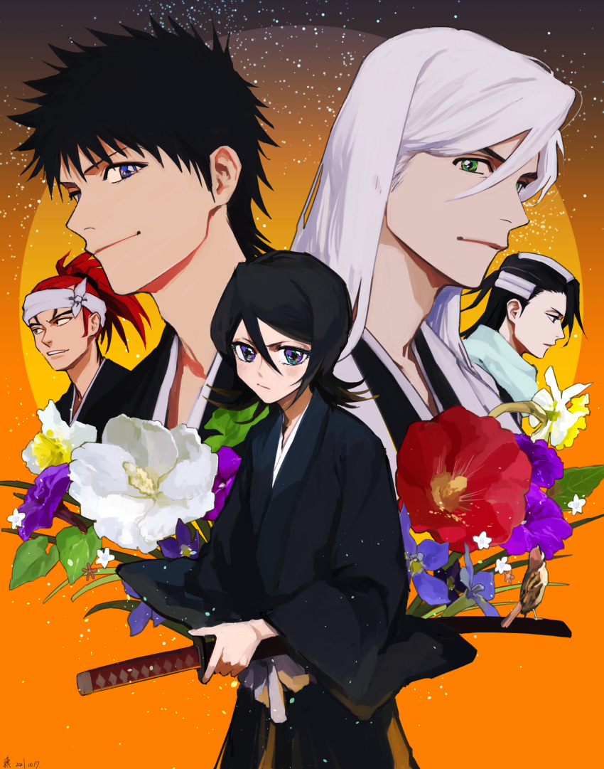 1girl 4boys :/ :| abarai_renji absurdres belt black_hair black_kimono bleach blue_eyes blue_flower closed_mouth flower green_eyes haori headband highres holding holding_sword holding_weapon japanese_clothes jou_(jo_jjo) katana kimono kuchiki_byakuya kuchiki_rukia long_hair medium_hair multiple_boys orange_background ponytail purple_flower red_flower red_hair shiba_kaien short_hair simple_background spiked_hair standing sword ukitake_juushirou weapon white_belt white_flower white_hair white_haori white_headband