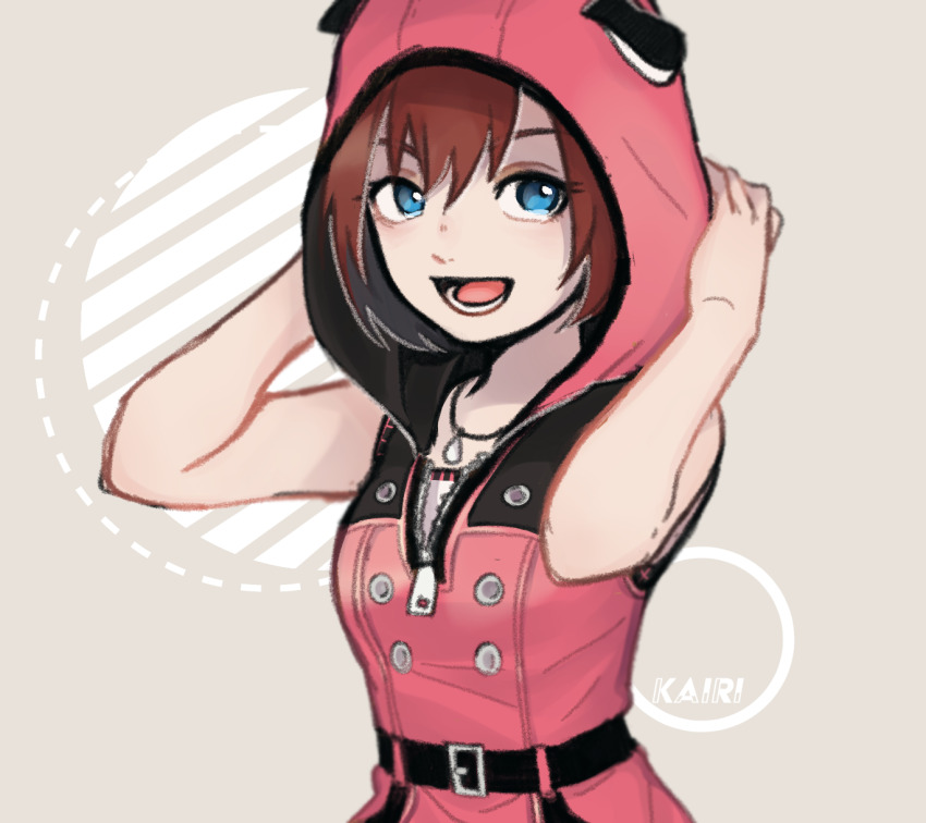 1girl adjusting_hood animal_ear_hood arms_up belt black_belt blue_eyes bob_cut brown_hair character_name commentary_request dress fake_animal_ears grey_background happy highres hood hood_up hooded_dress jewelry kairi_(kingdom_hearts) kingdom_hearts kingdom_hearts_iii necklace open_mouth pendant pink_dress short_hair smile solo till-9910 upper_body zipper