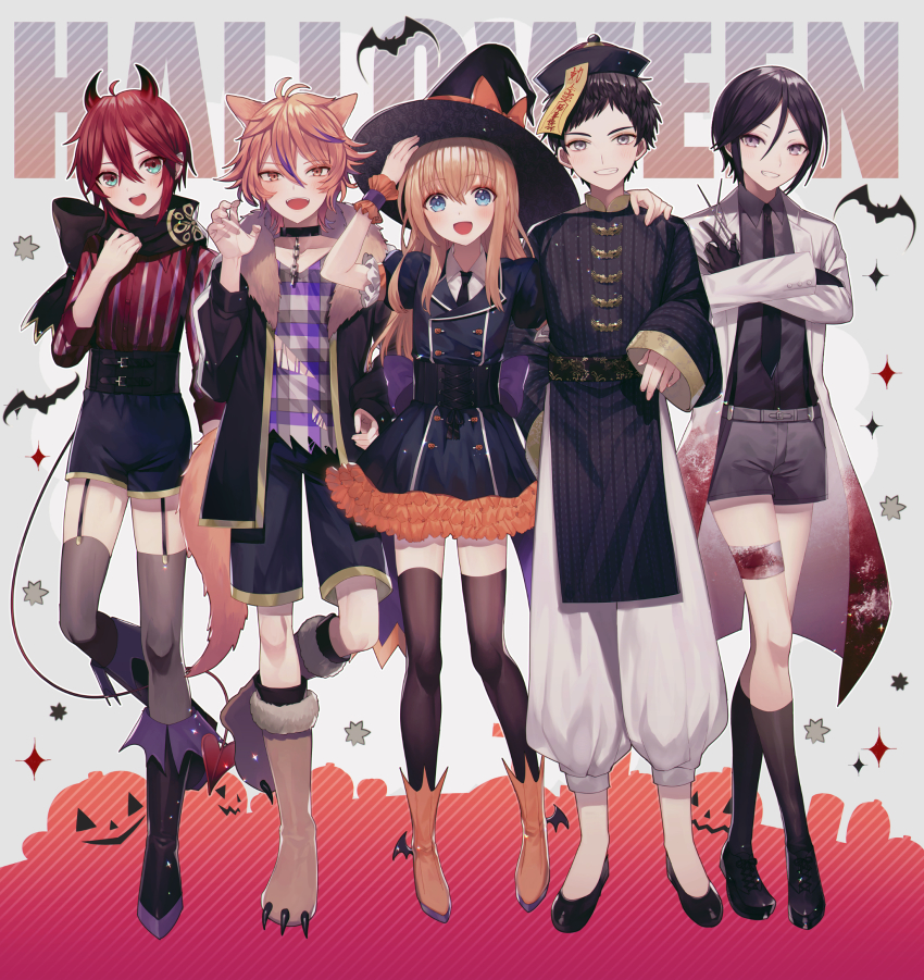 5boys :d abandon_ranka adapted_costume animal_ears aqua_eyes atsushi_toushirou bandaged_leg bandages bat_(animal) belt black_footwear black_gloves black_hair black_headwear black_scarf black_shorts black_socks blake_yee blonde_hair blood blood_on_clothes blue_eyes boots bow brown_eyes brown_hair buttons cape chain checkered_clothes checkered_shirt chinese_clothes choker claw_pose coat collared_shirt cross-laced_footwear crossed_legs demon_tail double-breasted dress flats frills full_body fur-trimmed_boots fur_trim gloves gotou_toushirou grey_legwear grey_shirt grey_shorts grin hair_between_eyes halloween hand_on_another&#039;s_shoulder hand_on_headwear hand_up hat hat_bow highres holding holding_scissors horns jack-o&#039;-lantern jiangshi kneehighs lineup loafers long_hair long_sleeves male_focus midare_toushirou multicolored_hair multiple_boys necktie ofuda open_mouth orange_boots orange_bow outstretched_hand pants paw_shoes pigeon-toed puffy_short_sleeves puffy_sleeves purple_eyes purple_hair purple_shirt qingdai_guanmao red_hair red_shirt sash scarf scissors shinano_toushirou shirt shoes short_sleeves shorts side-by-side smile socks standing standing_on_one_leg streaked_hair striped_clothes striped_shirt suspender_shorts suspenders tail thighhighs torn_clothes torn_shirt touken_ranbu trap underbust v-neck vertical-striped_clothes vertical-striped_shirt white_coat wide_sleeves winged_footwear wings witch_hat wolf_boy wolf_ears wolf_tail wrist_cuffs yagen_toushirou zettai_ryouiki