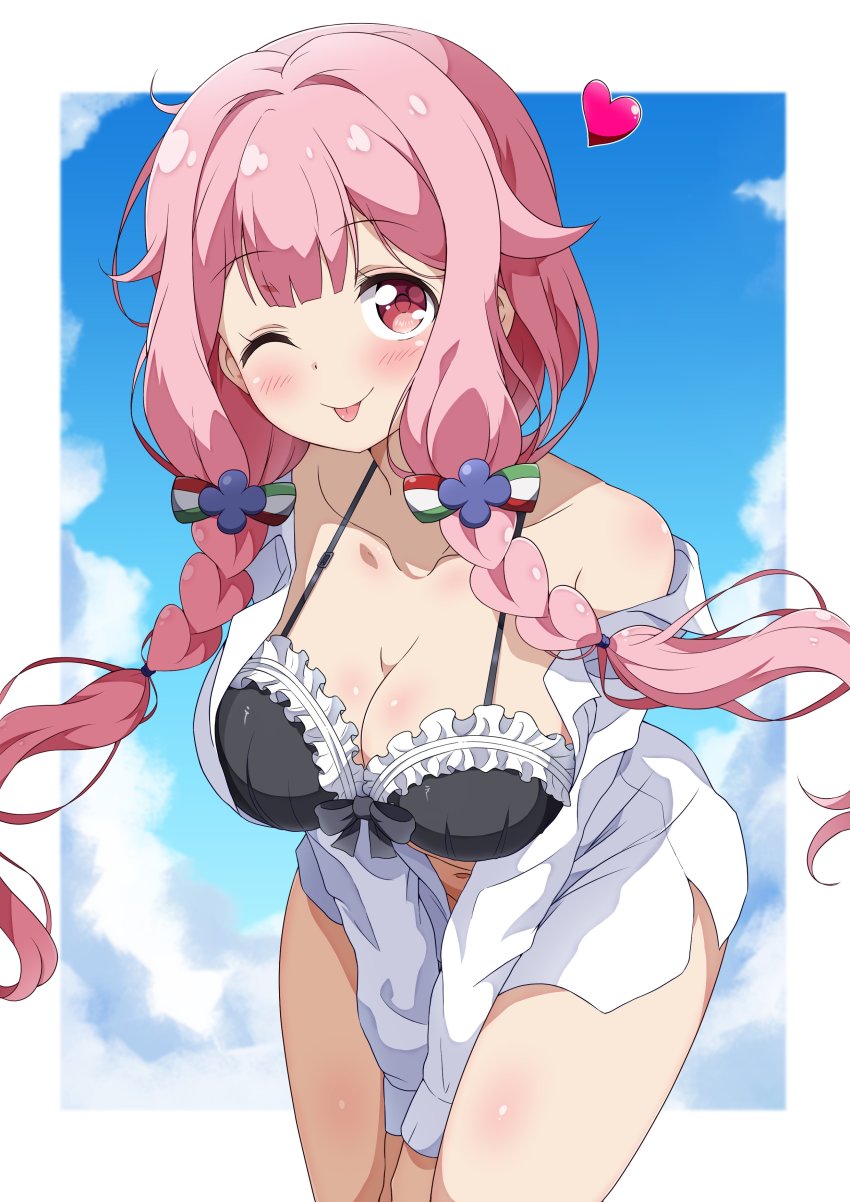 1girl absurdres arms_between_legs black_bra blue_sky blunt_bangs blush border bra braid breasts cleavage cloud collarbone commentary_request commission cowboy_shot eggman_(ni_tamagoex) frilled_bra frills hair_ribbon heart heat highres large_breasts leaning_forward long_hair looking_at_viewer navel one_eye_closed pink_eyes pink_hair ribbon senyoku_no_sigrdrifa shirt skeb_commission sky smile solo standing tongue tongue_out twin_braids underwear watarai_sonoka white_shirt