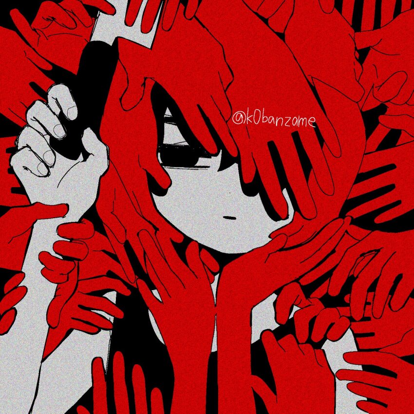 1boy black_eyes black_hair black_tank_top closed_mouth colored_skin highres holding holding_knife knife kobanzame_omo looking_at_viewer male_focus omori omori_(omori) short_hair solo tank_top twitter_username white_skin