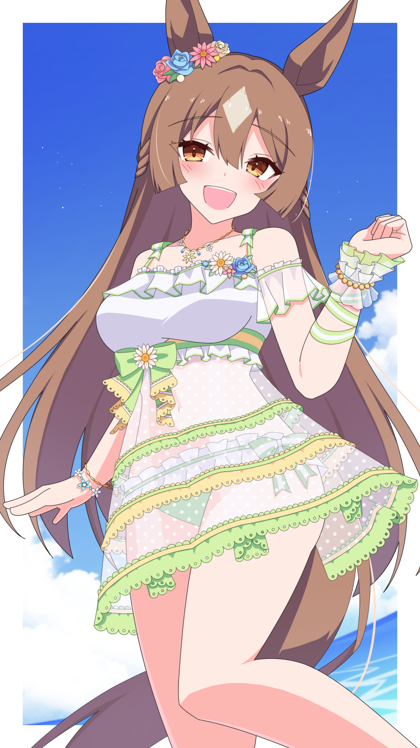 1girl absurdres animal_ears bare_legs bare_shoulders bikini blue_flower bow bracelet breasts closed_mouth commentary_request cosplay cow cowboy_shot detached_sleeves dress dress_swimsuit ear_ornament flower flower_bracelet frilled_bikini frilled_dress frills green_bow green_dress green_ribbon green_trim hair_flower hair_ornament hair_ribbon hand_on_own_arm highres holding holding_shoes horse_ears horse_girl horse_tail jewelry jyujo_niton light_smile long_hair looking_at_viewer looking_to_the_side low_twintails mejiro_mcqueen_(ripple_fairlady)_(umamusume) mejiro_mcqueen_(umamusume) mejiro_mcqueen_(umamusume)_(cosplay) multicolored_dress multiple_bracelets necklace official_alternate_costume official_alternate_hairstyle parted_bangs pink_flower purple_hair purple_tail ribbon satono_diamond_(umamusume) see-through_clothes see-through_dress shoes short_sleeves sidelocks simple_background sleeveless sleeveless_dress small_breasts smile solo standing swimsuit tail thick_eyelashes twintails umamusume waist_bow white_background white_dress white_flower white_sleeves