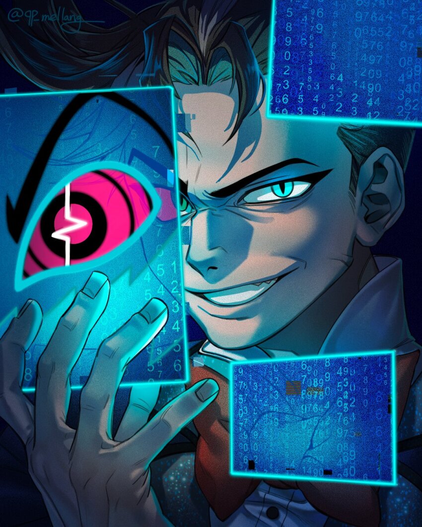 1boy bow bowtie brown_hair collared_shirt commentary dress_shirt green_eyes grey_jacket grin hand_up hazbin_hotel hellaverse highres jacket male_focus qp_mellang red_bow red_bowtie shirt short_hair slit_pupils smile symbol-only_commentary teeth vox_(hazbin_hotel) vox_(human)_(hazbin_hotel) white_shirt