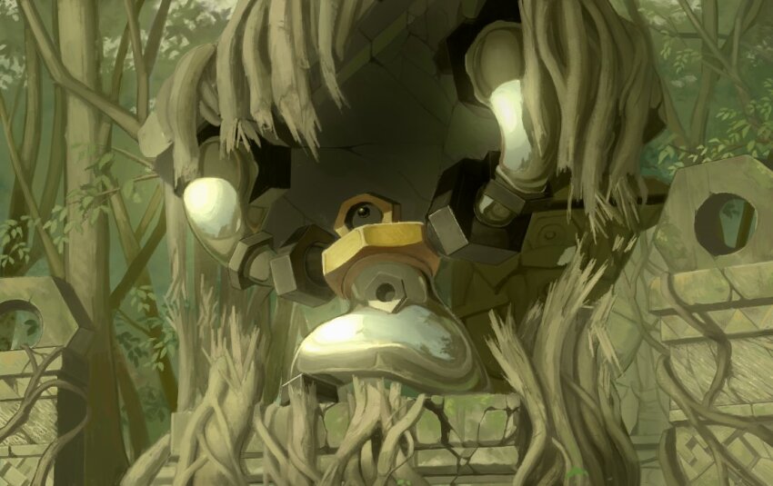 arms_up black_eyes crack day gen_7_pokemon holding king_joe_(neoroto) looking_up melmetal mythical_pokemon nintendo no_humans outdoors plant_roots pokemon pokemon_(creature) solo standing tree