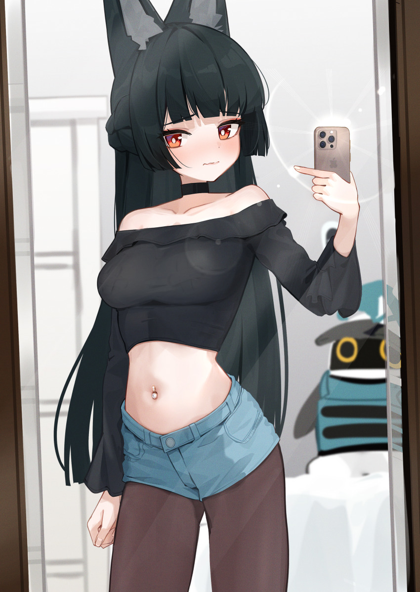 1girl absurdres alternate_costume animal_ear_fluff animal_ears black_hair black_pantyhose blue_shorts blunt_bangs closed_mouth commentary cowboy_shot fox_ears fox_girl furrowed_brow highres holding holding_phone hoshimi_miyabi indoors long_hair looking_at_viewer mirror navel navel_piercing opm7760 pantyhose pasties phone piercing red_eyes shorts sidelocks solo stomach tape tape_on_nipples zenless_zone_zero