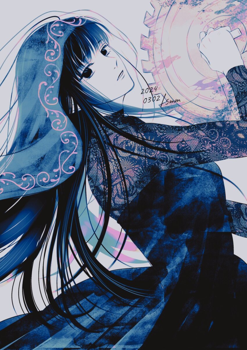 1girl blunt_bangs circular_saw commentary dated dress dutch_angle floating_hair highres holding holding_weapon long_hair long_sleeves looking_back miri_(xxxmirink) monochrome osaragi_(sakamoto_days) parted_lips sakamoto_days saw solo veil weapon