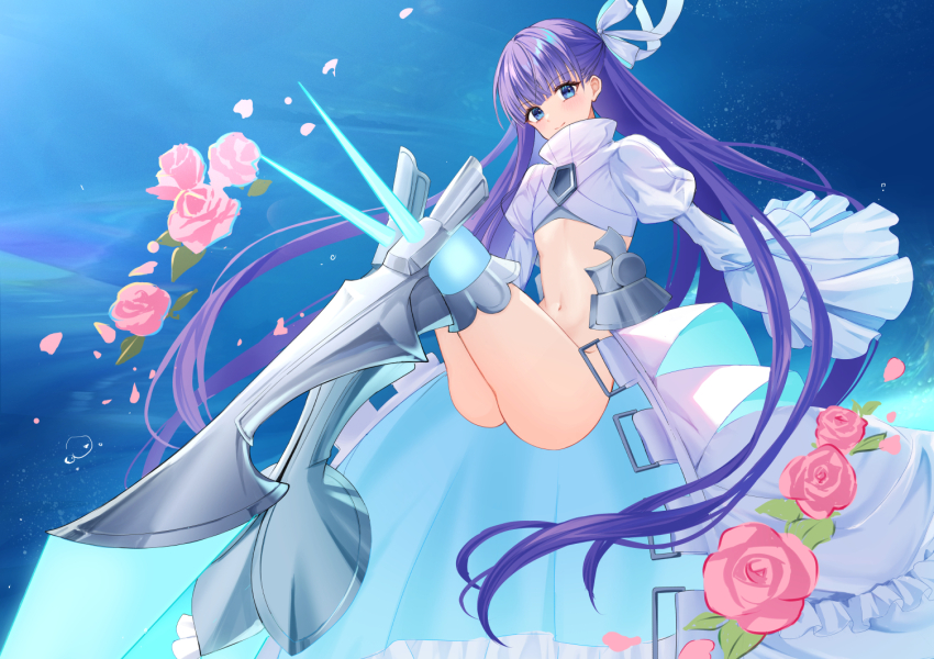 1girl ass blue_background blue_eyes coat fate/grand_order fate_(series) flat_chest flower hair_ribbon knee_spikes long_hair long_sleeves meltryllis_(fate) meltryllis_(third_ascension)_(fate) navel purple_hair ribbon rose shiroichigo sleeves_past_fingers sleeves_past_wrists very_long_hair white_coat