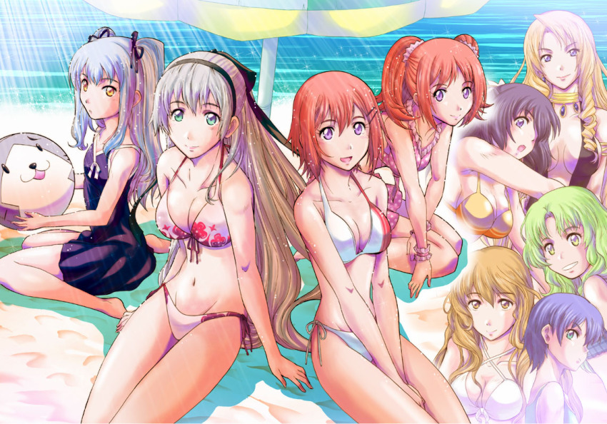 6+girls ao_no_kiseki ball beach beachball bikini black_hair blonde_hair blue_eyes blue_hair breasts cecile_neues choker cleavage crossover eiyuu_densetsu elie_macdowell falcom fran_seeker green_eyes green_hair groin half_updo ilya_platiere kea kea_(eiyuu_densetsu) long_hair midriff multiple_girls navel noel_seeker orange_eyes orange_hair purple_eyes red_hair rixia_mao short_hair side-tie_bikini_bottom sitting smile sully_atraid swimsuit tio_plato towel twintails two_side_up umbrella v_arms wariza white_hair wrist_cuffs xiacheng_tatsuya yellow_eyes zero_no_kiseki