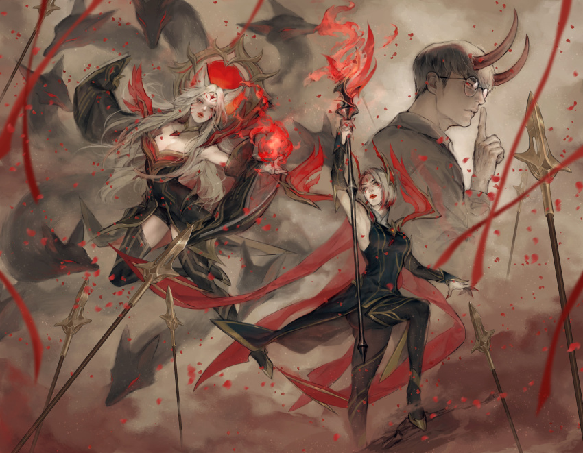 1boy 2girls animal_ears battlefield black_dress black_hair black_pantyhose black_thighhighs blonde_hair boyshort_panties breasts cleavage demon_horns detached_sleeves dress esports facial_mark faker_(gamer) field_of_blades finger_to_mouth fire floating forehead_mark fox_ears fox_girl full_body glowing glowing_eyes high_collar highres holding holding_staff horns immortalized_legend_ahri league_of_legends lips long_hair magic monster multiple_girls pale_skin pantyhose real_life red_eyes red_lips red_nails risen_legend_leblanc round_eyewear short_hair shushing sleeveless sleeveless_dress spirit staff t1_(esports) thighhighs vesisland whisker_markings wide_sleeves