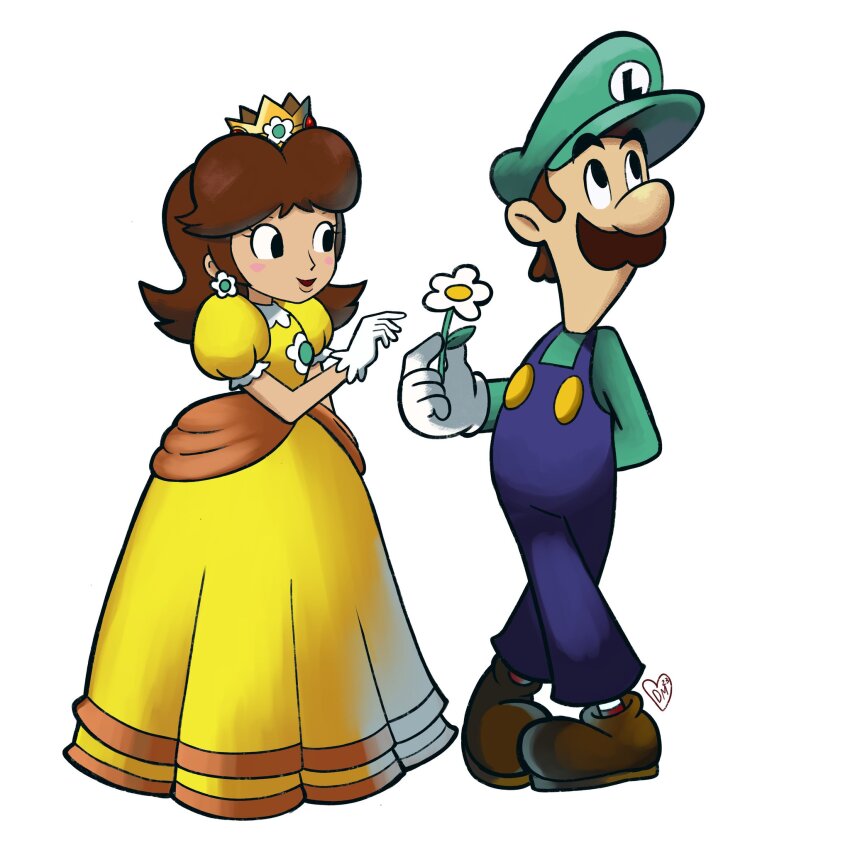 1boy 1girl arm_behind_back blue_overalls brown_hair crown daisy domestic_maid dress earrings facial_hair flower flower_earrings gloves green_hat green_shirt hat highres holding holding_flower jewelry long_sleeves luigi mario_&amp;_luigi_rpg mario_(series) mustache nintendo official_style orange_dress overalls princess princess_daisy shirt shoes short_hair short_sleeves white_background white_gloves