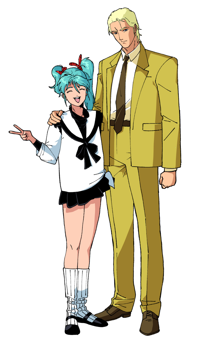 1boy 1girl absurdres aqua_hair black_necktie blazer business_suit char&#039;s_counterattack char_aznable collared_shirt formal_clothes full_body gundam highres jacket kawoshiki long_hair necktie pants quess_paraya salute shirt short_twintails socks suit twintails two-finger_salute white_socks yellow_jacket yellow_pants