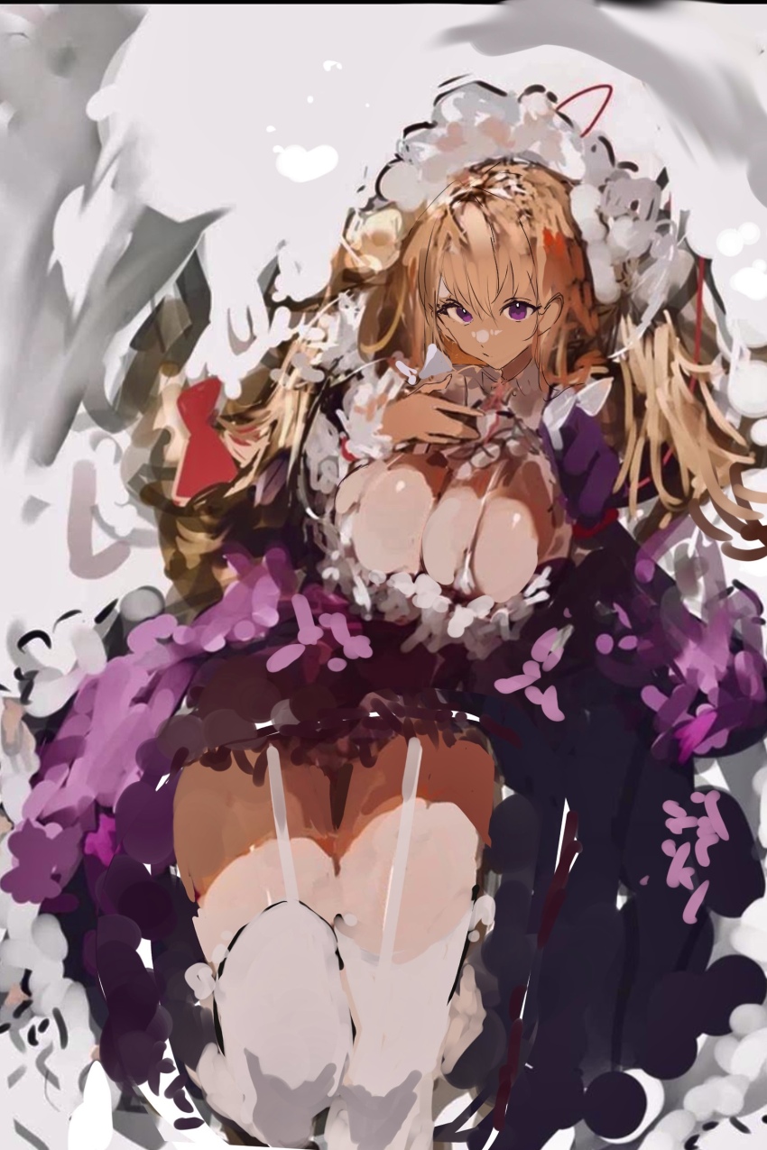 1girl absurdres blonde_hair bra breasts cleavage commentary dress frills hair_between_eyes hair_ribbon hat highres large_breasts long_hair mob_cap po_(anhk5528) purple_dress purple_eyes revision ribbon solo thighhighs touhou underwear white_bra white_thighhighs yakumo_yukari