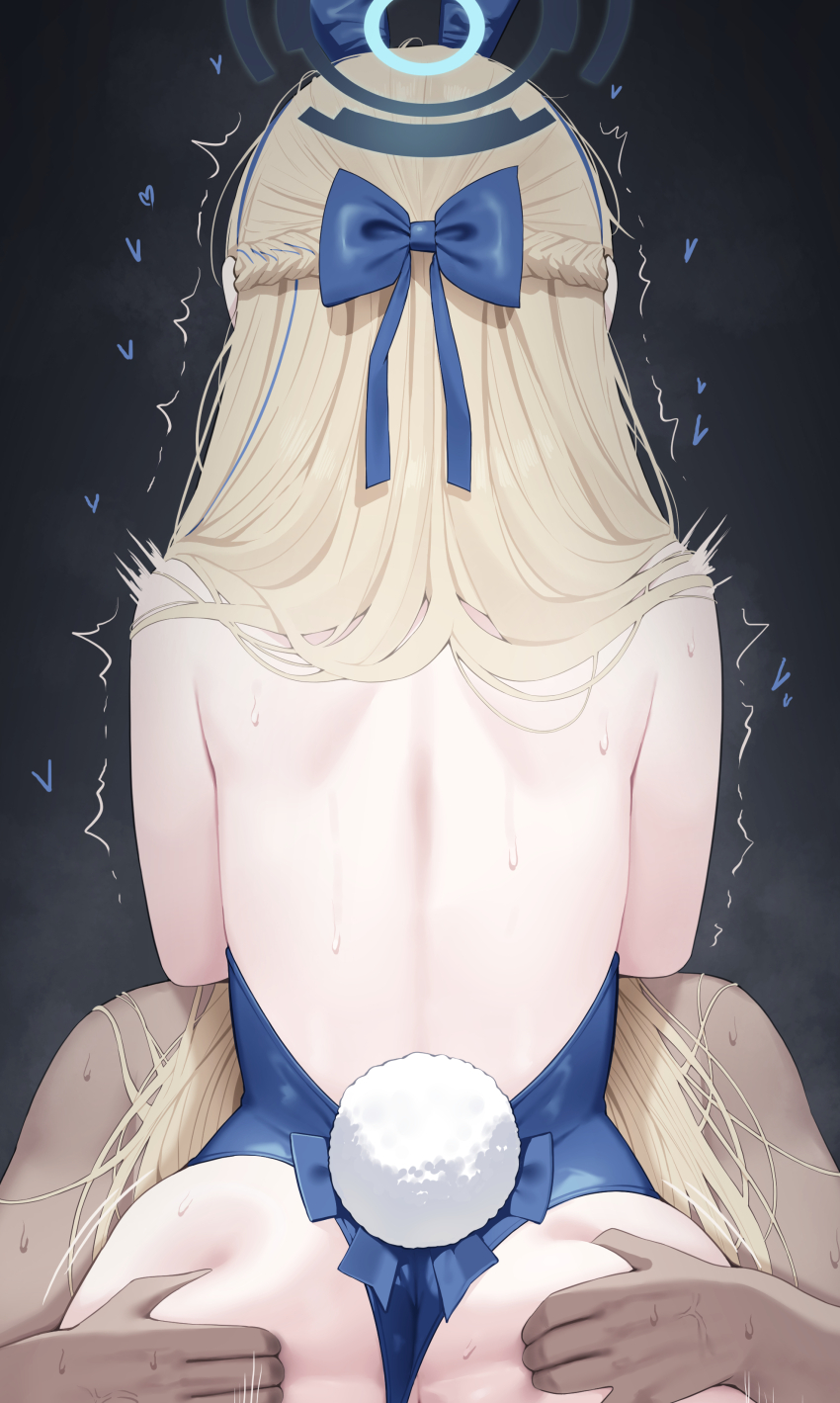 1boy 1girl absurdres animal_ears ass back bare_back bare_shoulders blonde_hair blue_archive blue_bow blue_halo blue_leotard bow clothed_female_nude_male commentary cowgirl_position fake_animal_ears fake_tail from_behind grabbing_another&#039;s_ass groping hair_bow halo hetero highres leotard long_hair nude official_alternate_costume playboy_bunny rabbit_ears rabbit_tail rank_alee sex straddling sweat tail toki_(blue_archive) toki_(bunny)_(blue_archive)