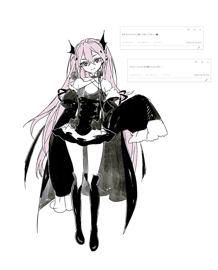 1girl bare_shoulders black_dress boots bow check_translation closed_mouth dress dress_bow frilled_sleeves frills highres juliet_sleeves knee_boots krul_tepes long_hair long_sleeves looking_at_viewer owari_no_seraph pink_eyes pink_hair puffy_sleeves simple_background sleeves_past_fingers sleeves_past_wrists smile solo translation_request uomi_(eqtjc) very_long_hair white_background